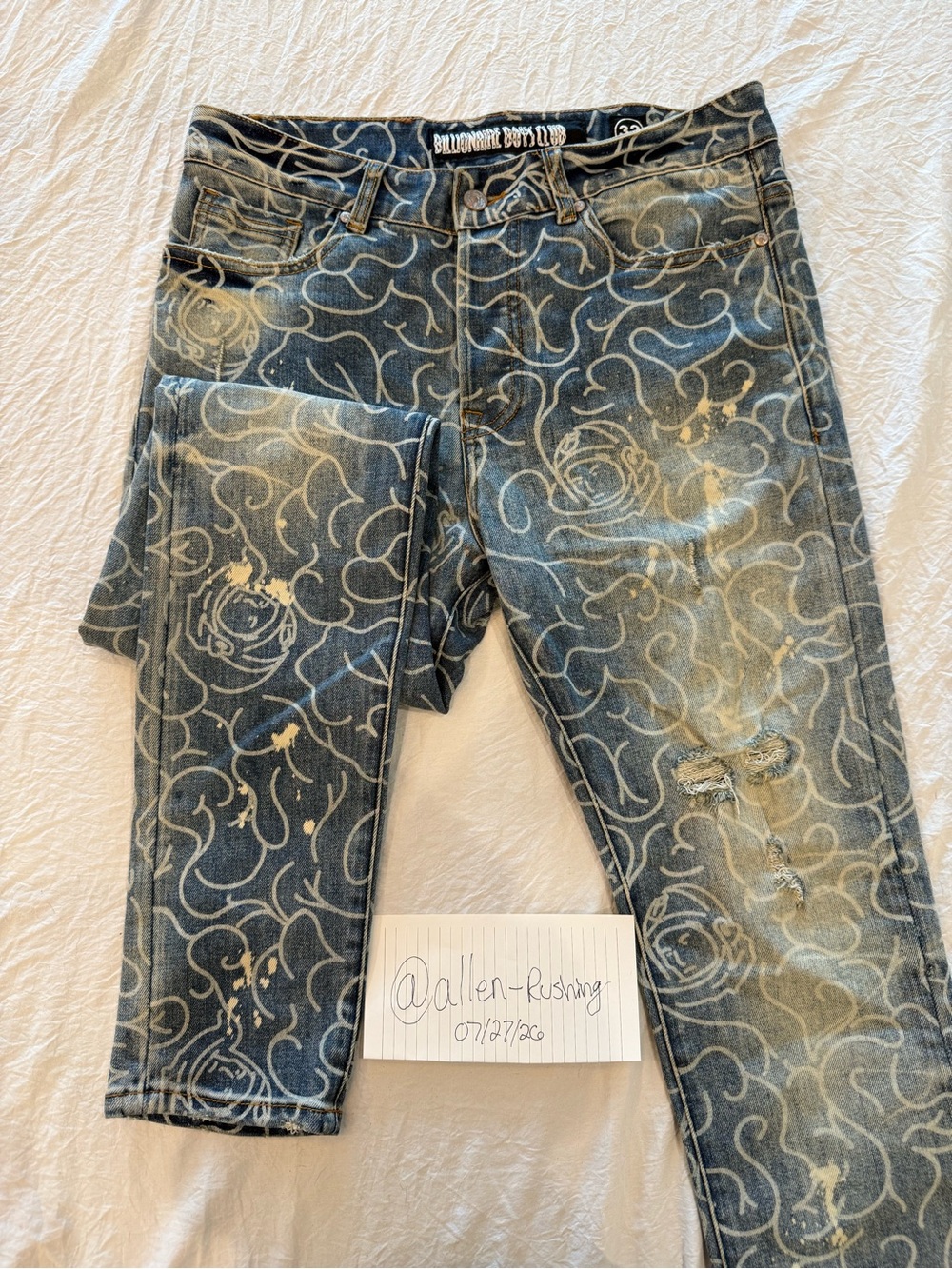Billionaire Boys Club Men's Navy Denim Jeans with Cream Swirl & Astronaut Motif